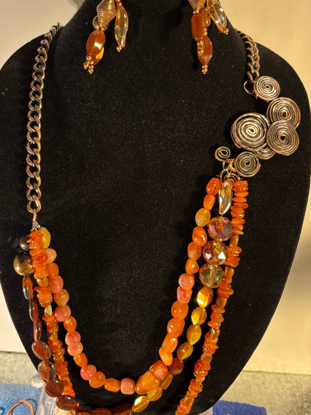 Handcrafted Orange & Copper Multi-Strand Statement Necklace & Earrings